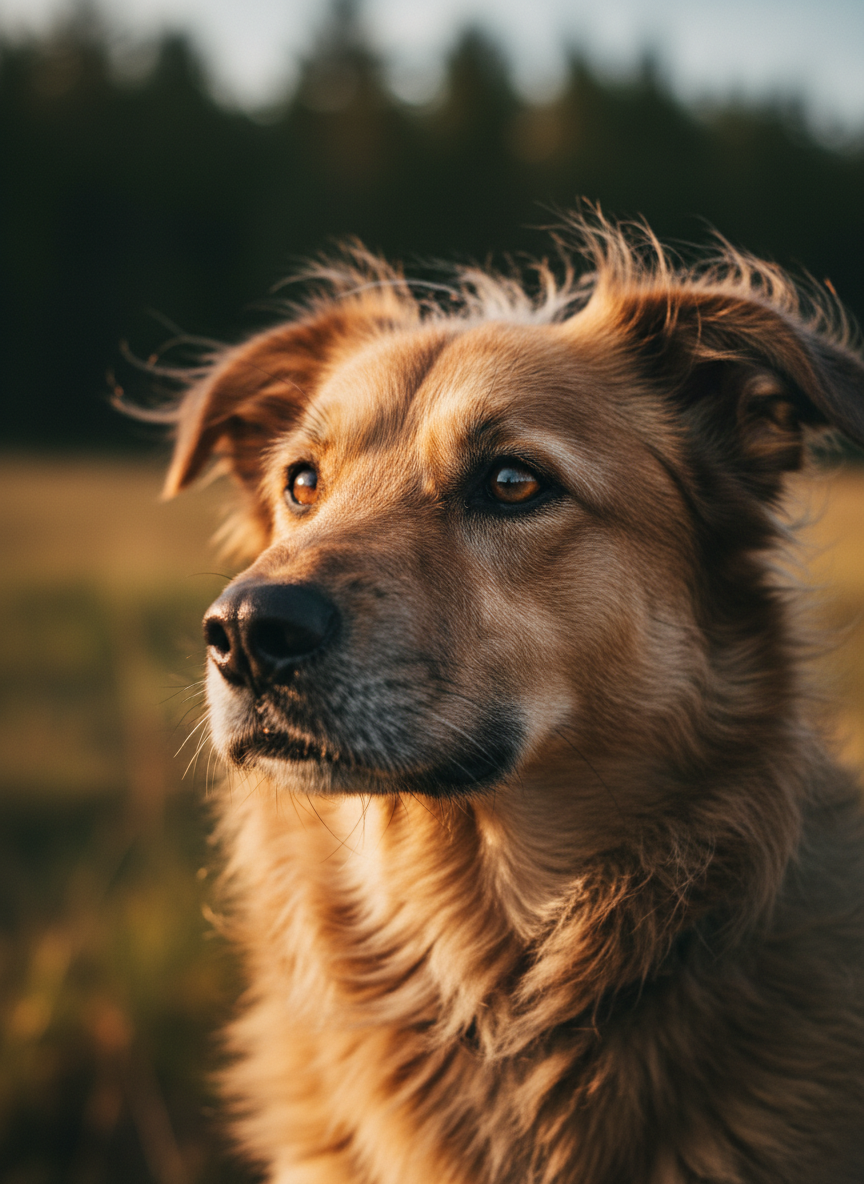 Rescue dog looking toward the horizon with wind in its fur, a symbol of hope and new beginnings