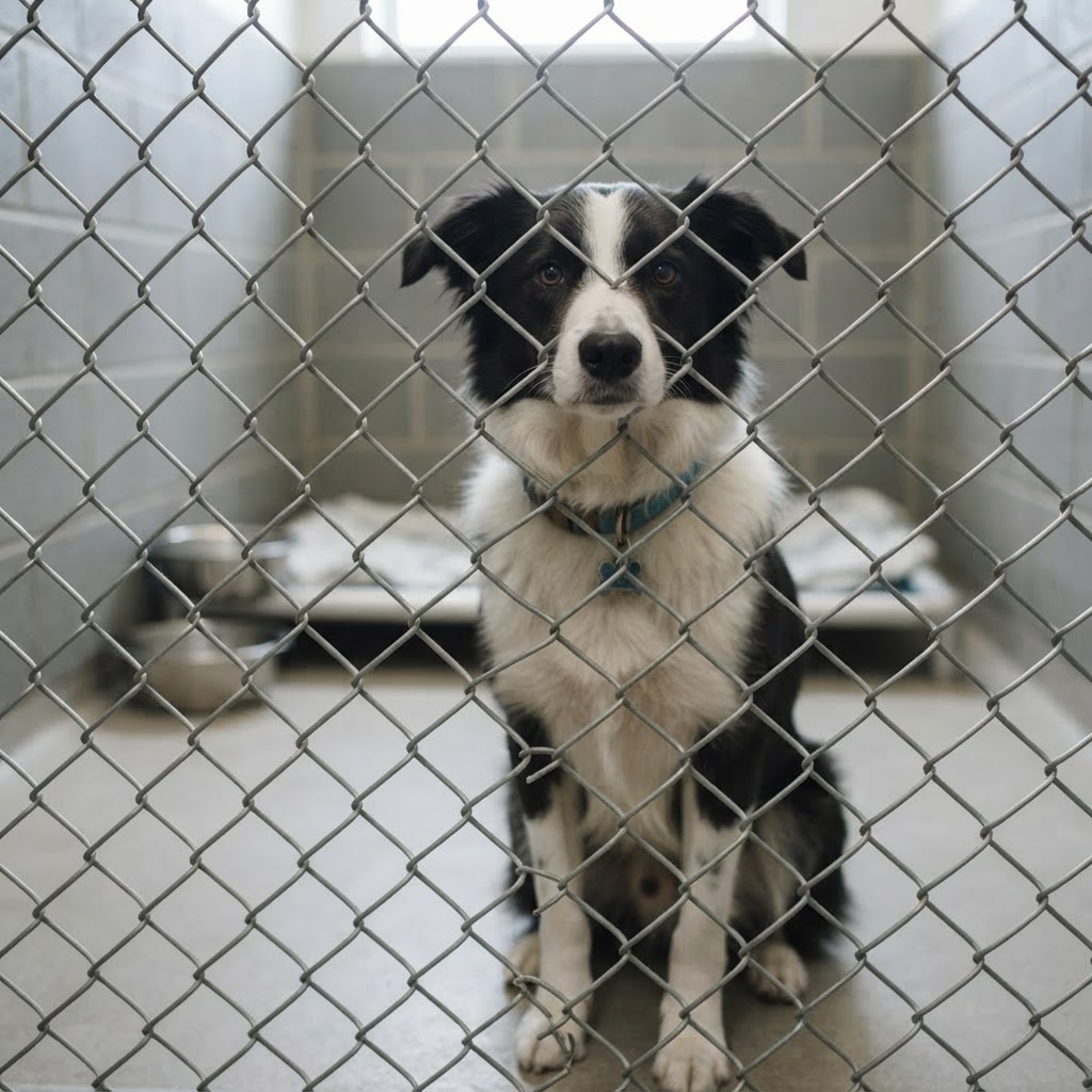 Duke waiting in a shelter kennel