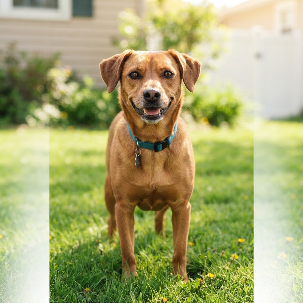 Choppa, a friendly foster dog shown on a yard sign