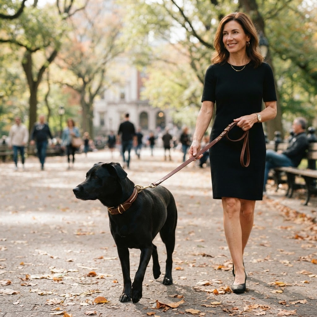 Black dog wearing a wide premium cognac-leather collar with brass and subtle crystals in the park with an elegantly dressed lady in a simple black designer dress — matching set