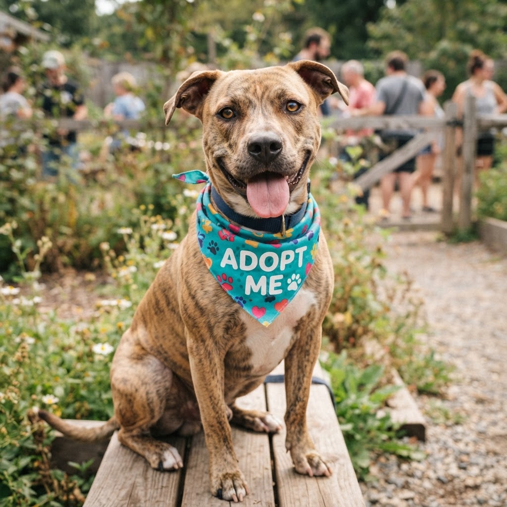 Brindle pit-bull mix wearing an Adopt Me bandana