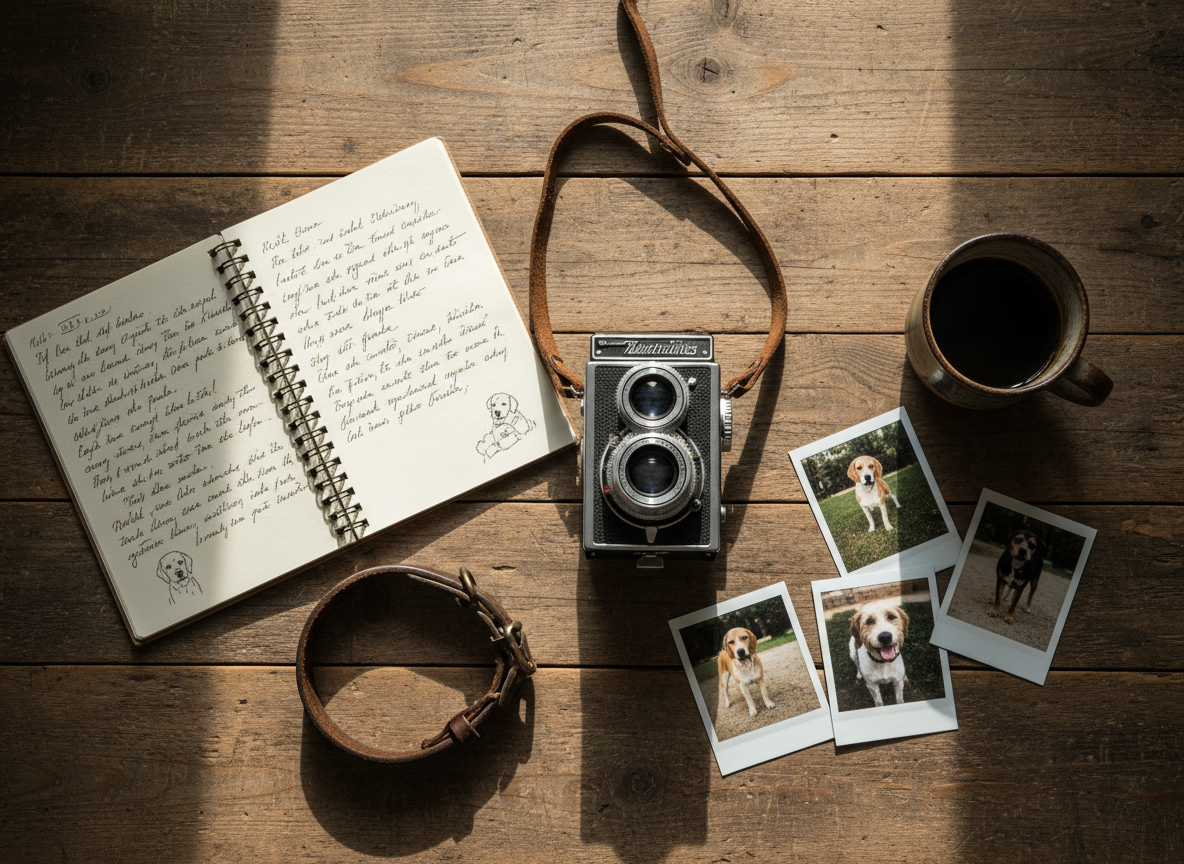 A camera, notebook, and dog collar arranged on a wooden table