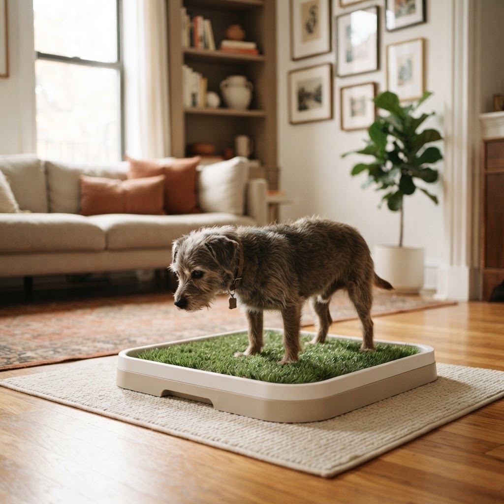 Designer pee station with artificial grass patch in an elegant apartment