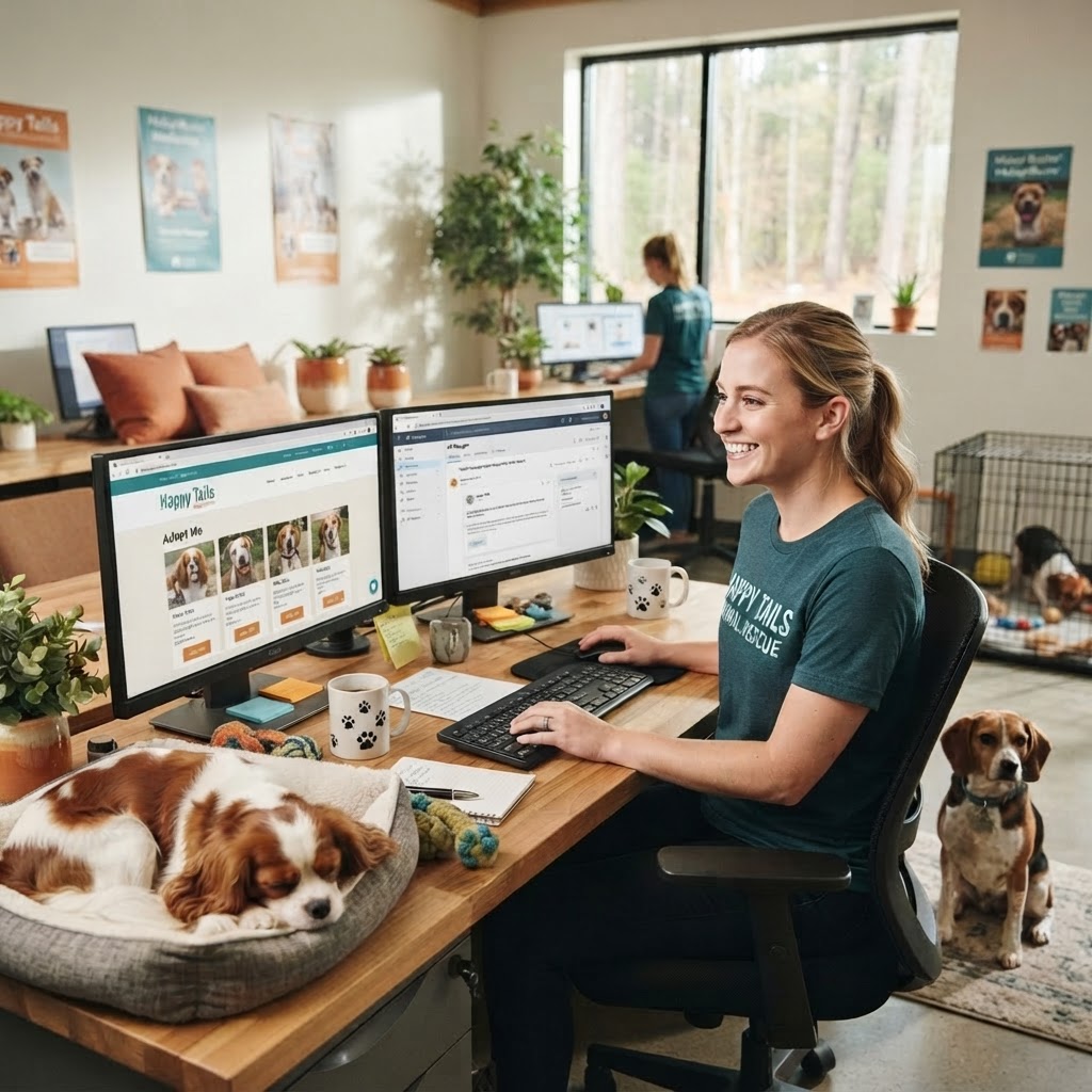Shelter staff member publishing dog adoption ads across multiple channels