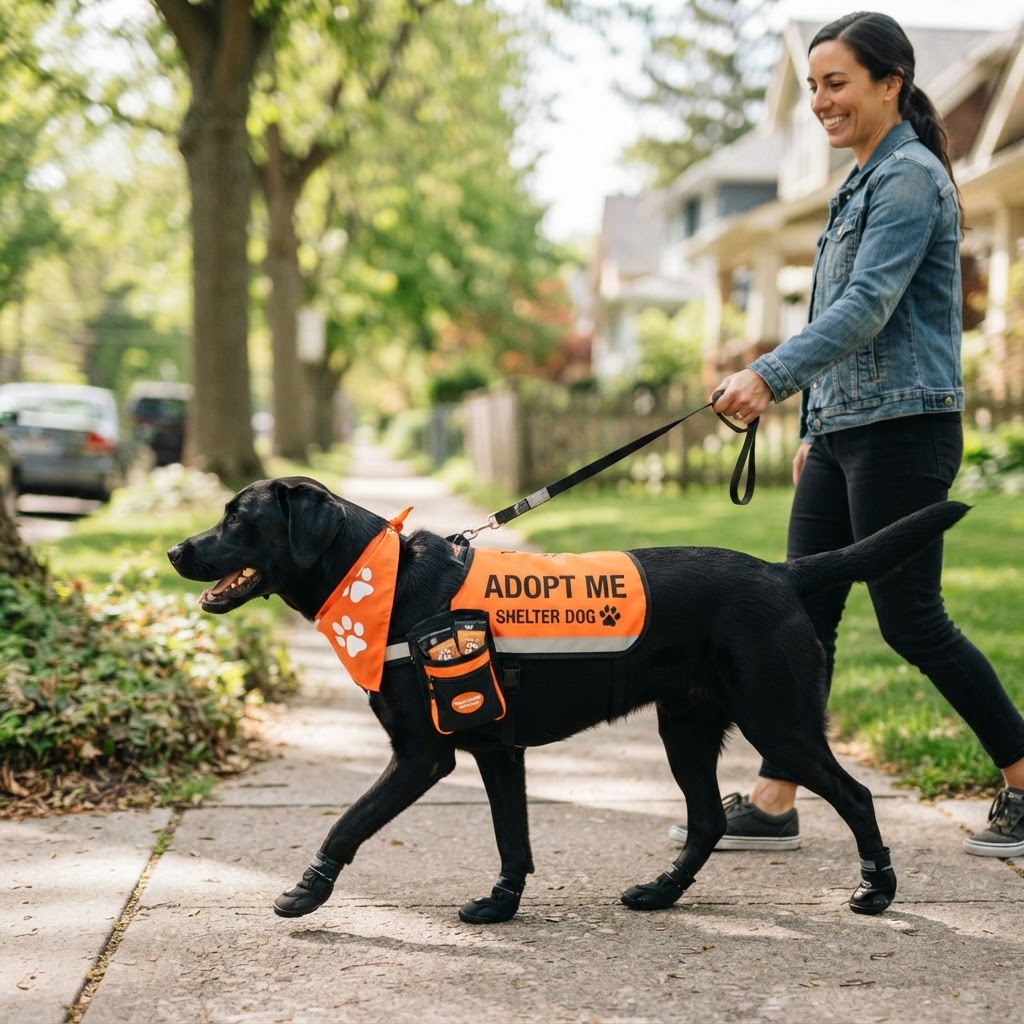 A sleek black short-haired dog wearing promotional messenger gear walking with their human