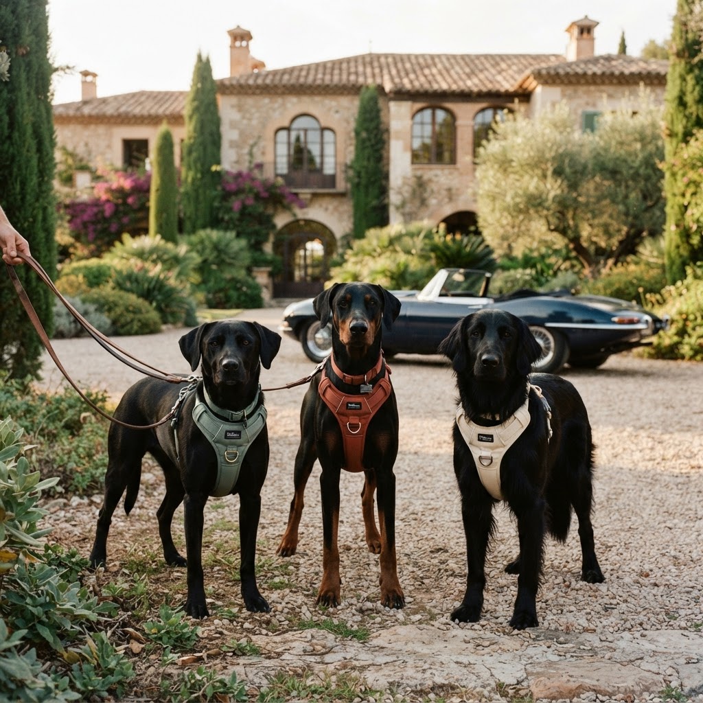 Three large black dogs in the same exclusive harness in three colors outside a villa with a luxury car