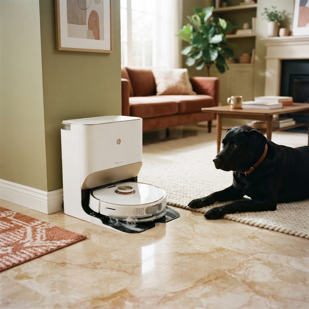 Self-cleaning vacuum-and-mop robot with base station in an elegant living room; a Black Labrador watches