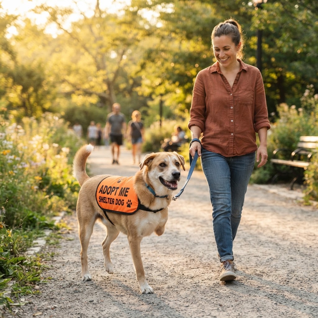 Tripod dog wearing an Adopt Me vest