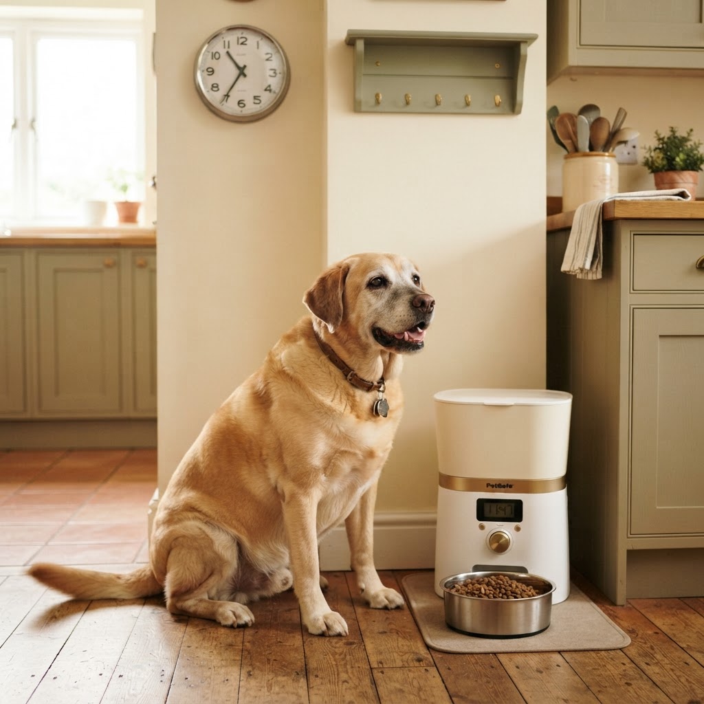 Happy senior Yellow Labrador next to a smart automatic feeder that has dispensed kibble on time; a clock reads around 11:45 AM and the key rack by the door is empty — the owner is still at work