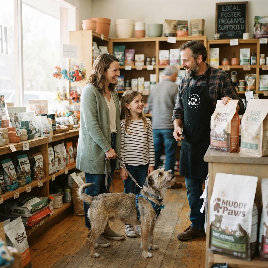 Foster family with their dog chatting with a local pet shopkeeper or veterinarian