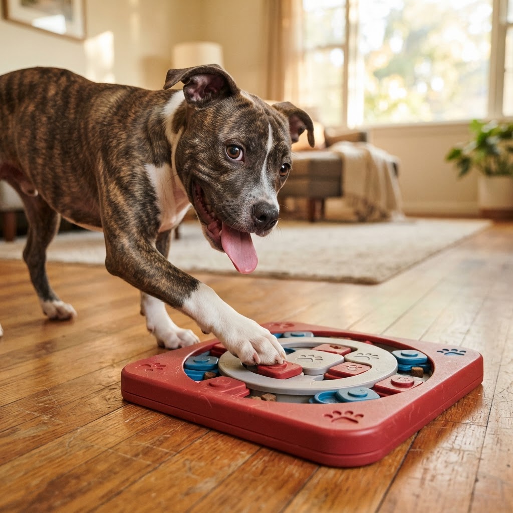 Dog playing with a puzzle toy