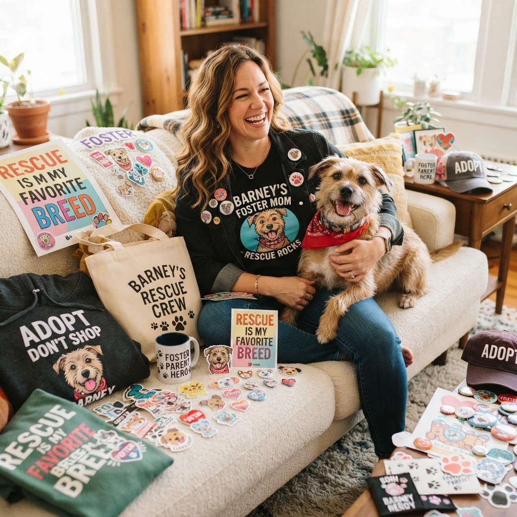 A foster parent with their happy foster dog surrounded by a joyful abundance of fun dog-themed merchandise products