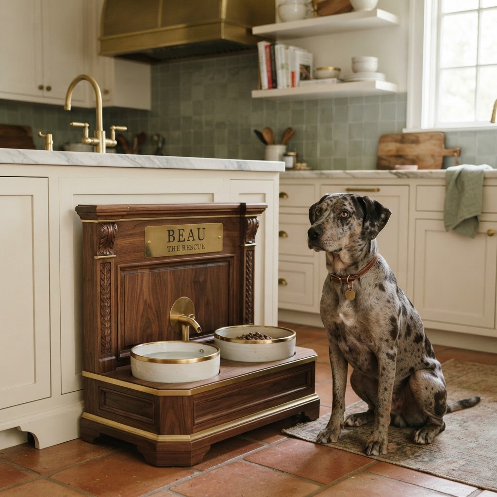 Extravagant designer solid-wood feed-and-water station with a brass nameplate and handmade ceramic bowls; a Catahoula Leopard Dog waits beside it