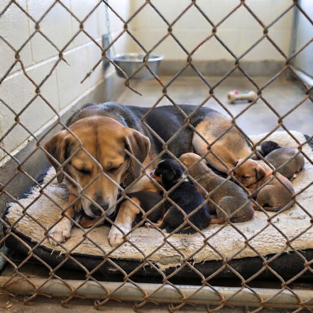 Bella waiting in a shelter kennel