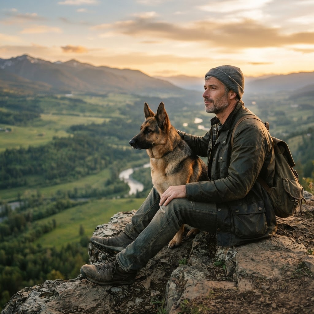 A man in his 40s with his German Shepherd foster dog sitting side by side on a mountain ledge enjoying the valley view