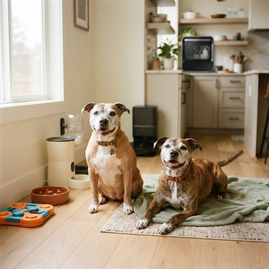 Two elderly pit bull type dogs happily surrounded by food puzzles, slow feeders, an automatic food dispenser, a wall-mounted water dispenser, a vacuum robot station and a dog bowl dishwasher