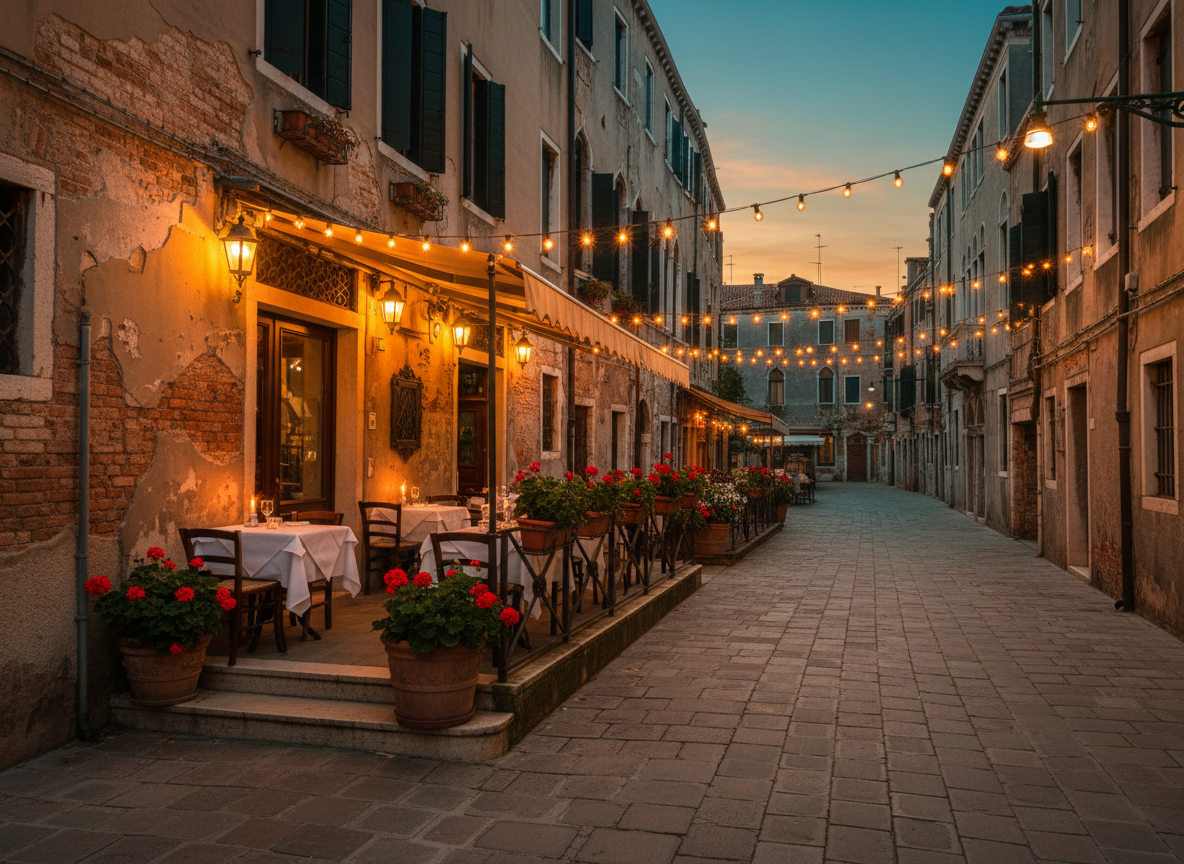 Charming Venetian trattoria terrace at twilight with warm string lights