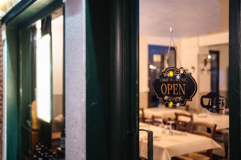 Glass entrance door with open sign