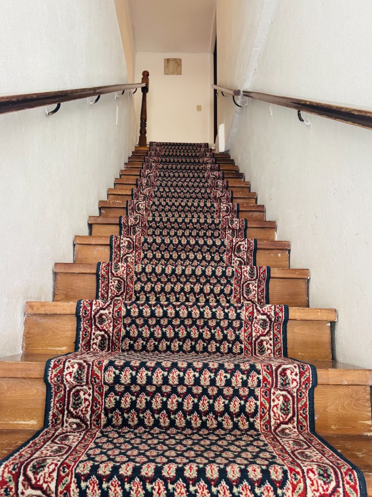 Narrow wooden staircase with patterned carpet runner inside Hotel Airone