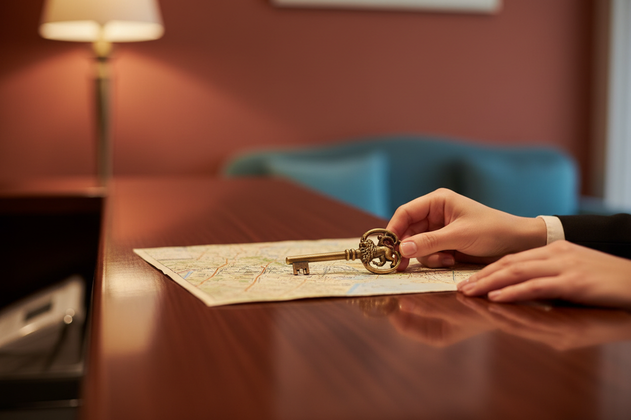 Hotel concierge placing a brass key and Venice map on a polished wooden desk
