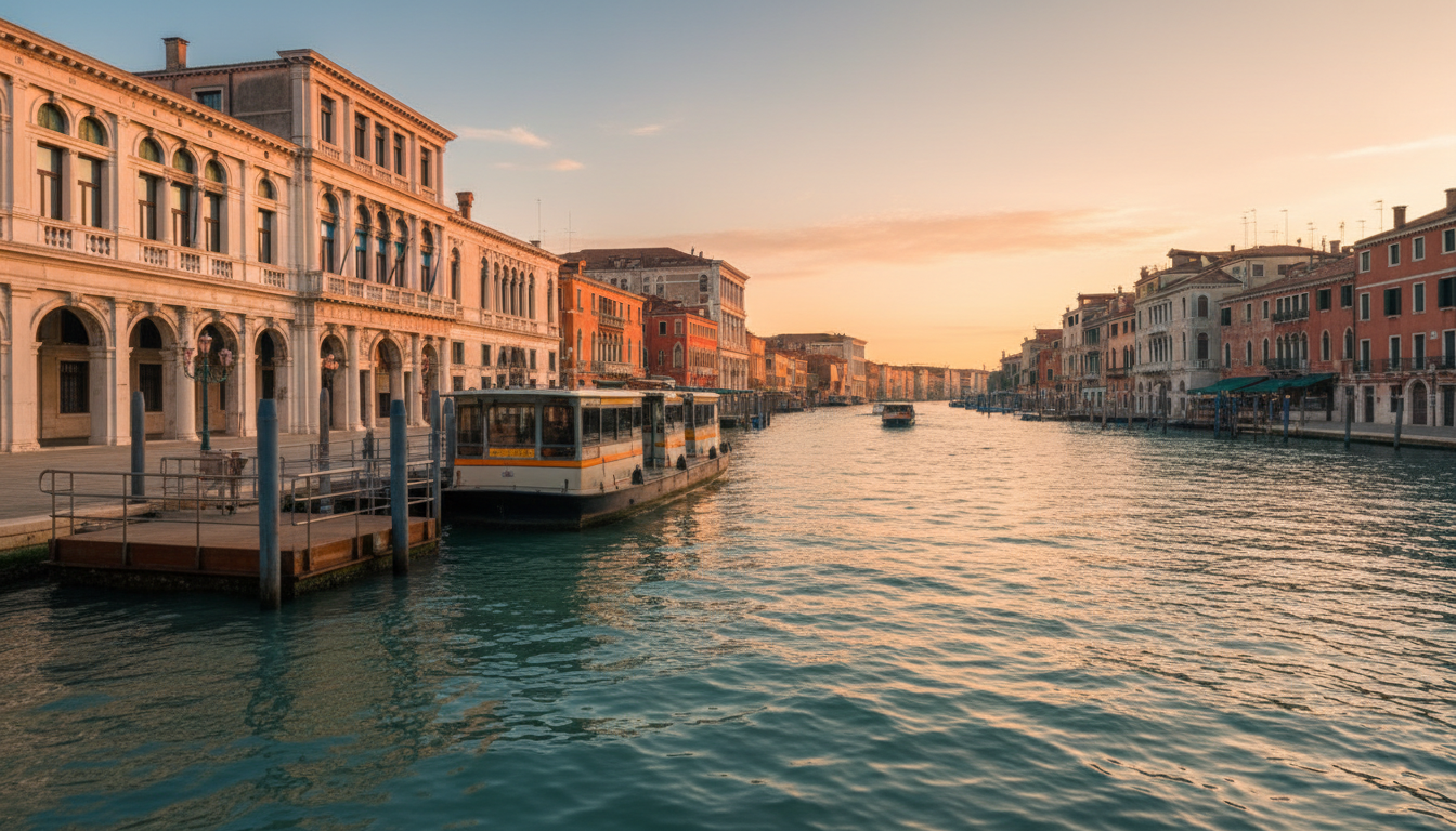 Venice Santa Lucia station area at dawn with vaporetto dock and Grand Canal
