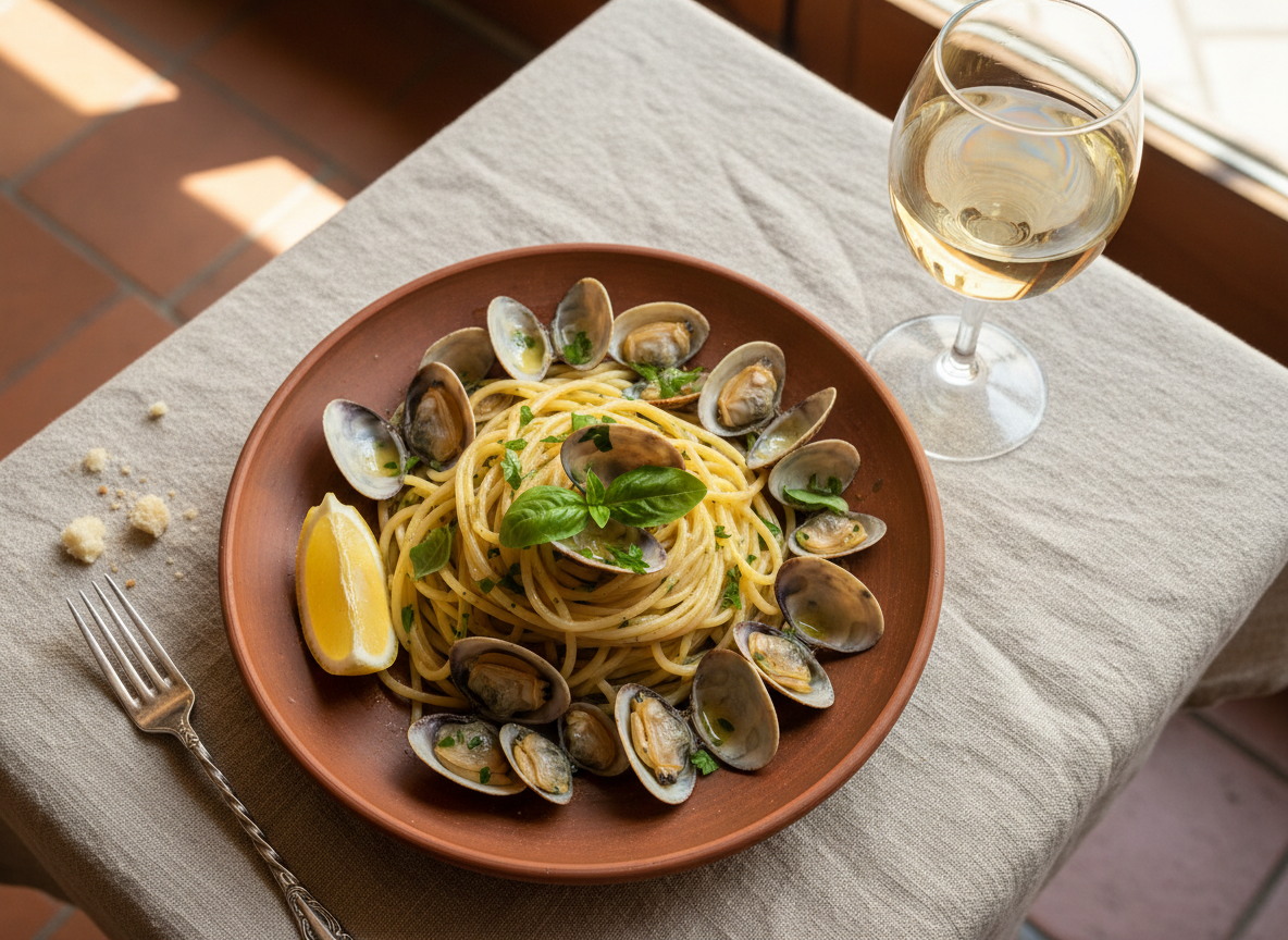 Authentic Venetian seafood pasta dish on a rustic linen tablecloth