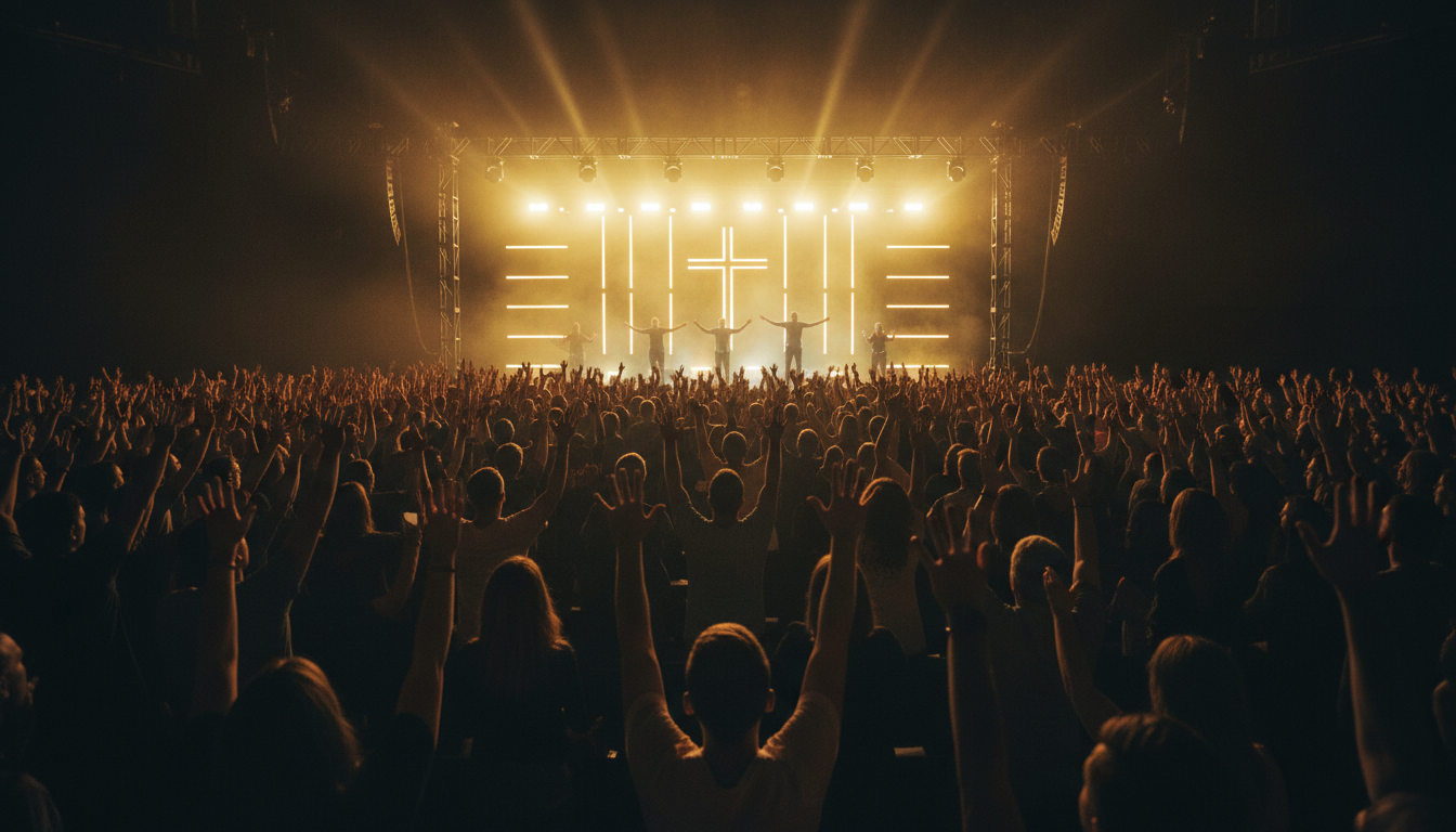 Worship event with dramatic golden lighting
