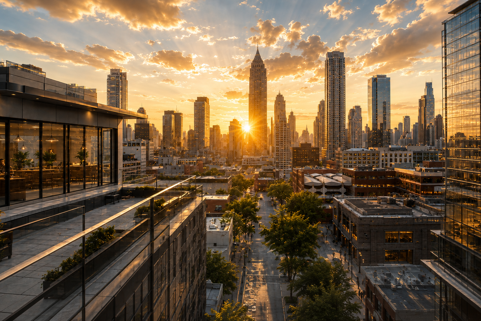 City skyline at sunset