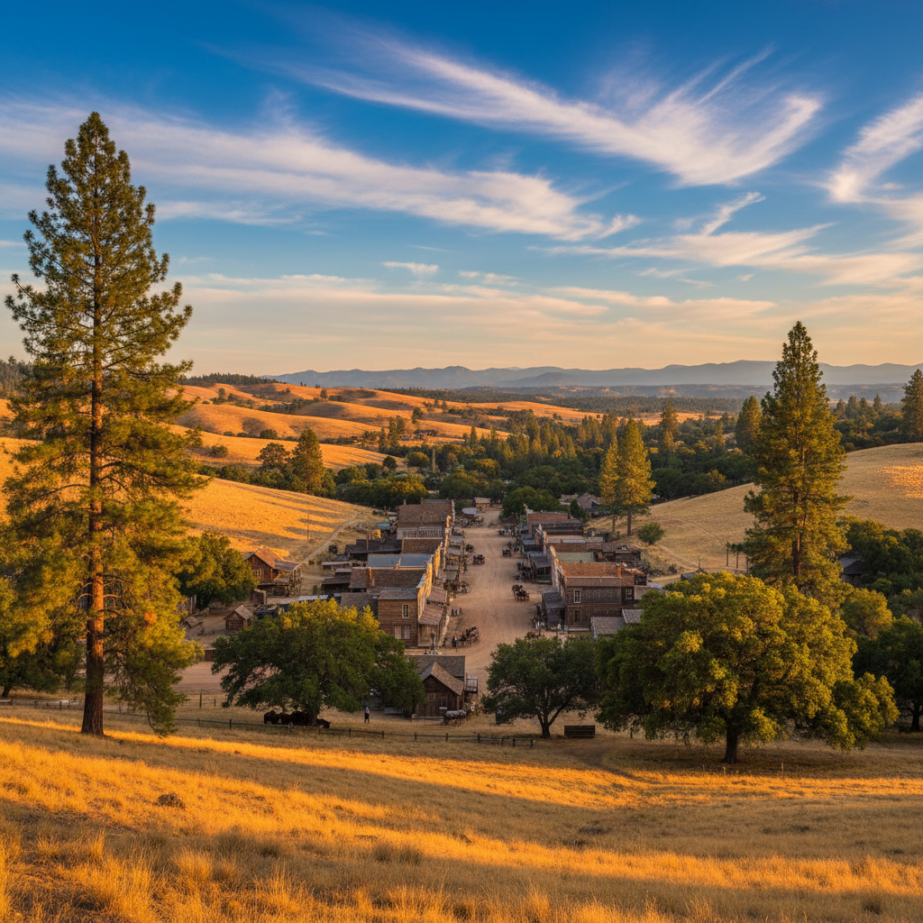Sierra Nevada foothills campground at golden hour with tall pines and morning mist