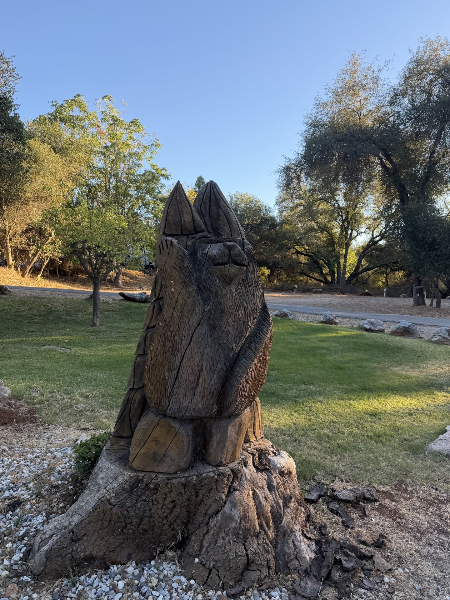 Hand-carved wooden bear sculpture on a tree stump