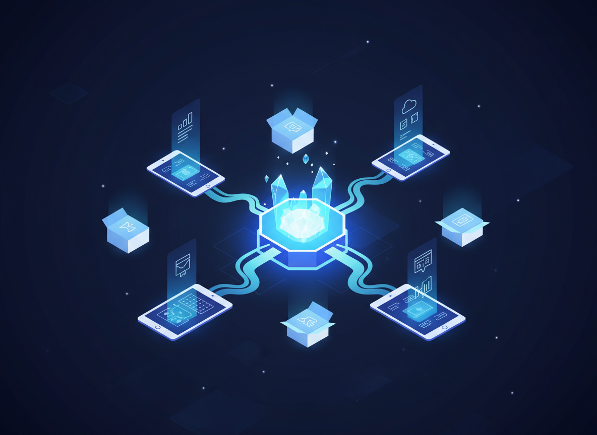 Venture studio concept with multiple products launching from a central hub
