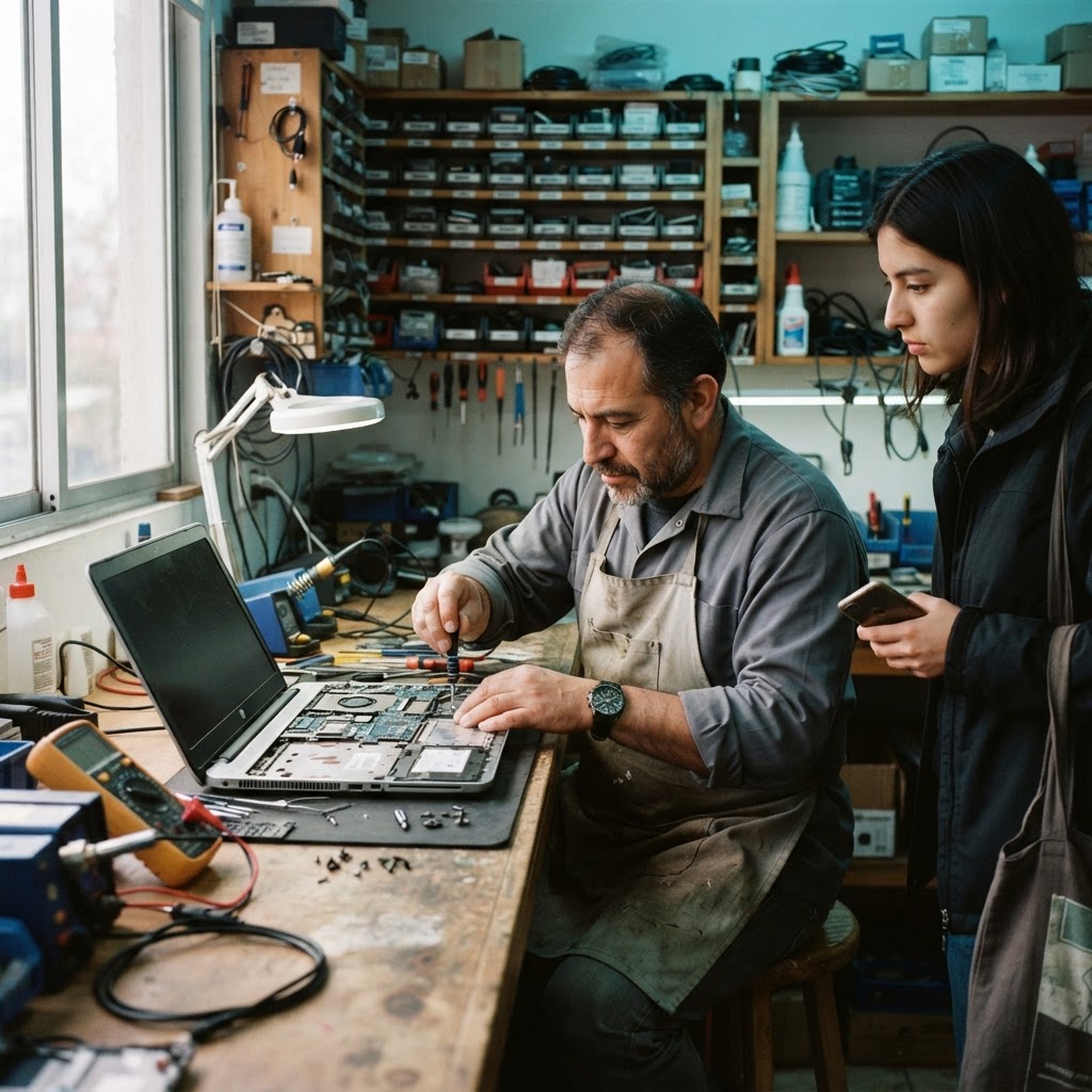 Técnico reparando un notebook en su taller mientras un cliente lo espera con su teléfono en la mano
