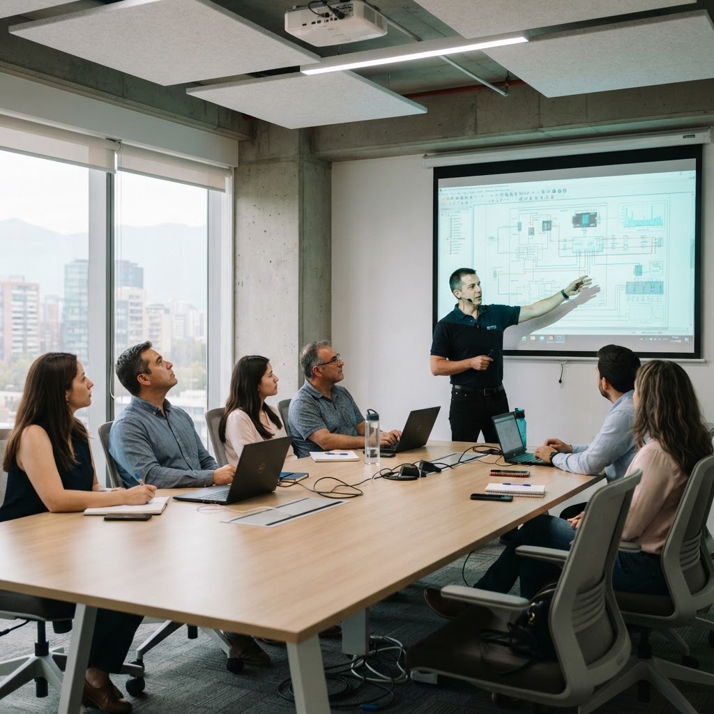 Instructor dictando una capacitación técnica a un equipo de colaboradores en una sala de reuniones corporativa