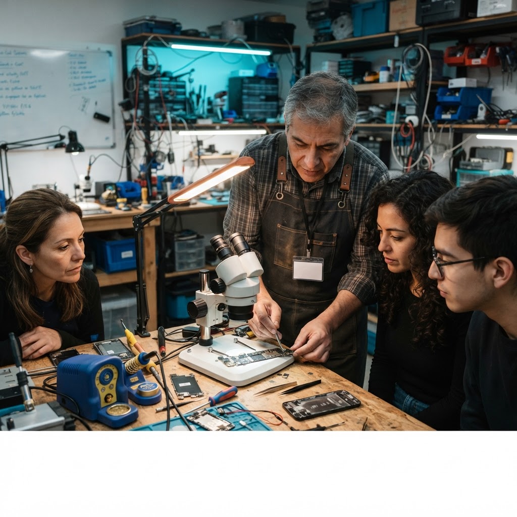 Instructor enseñando microsoldadura a alumnos en un taller de reparación con microscopio y estación de soldadura