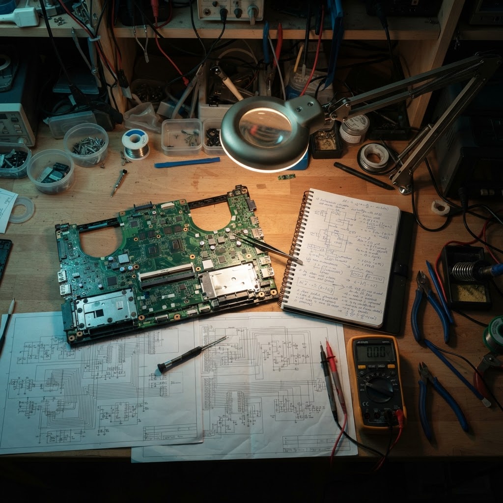 Banco de trabajo con esquemas electrónicos impresos, placa base desarmada, lupa y herramientas de precisión