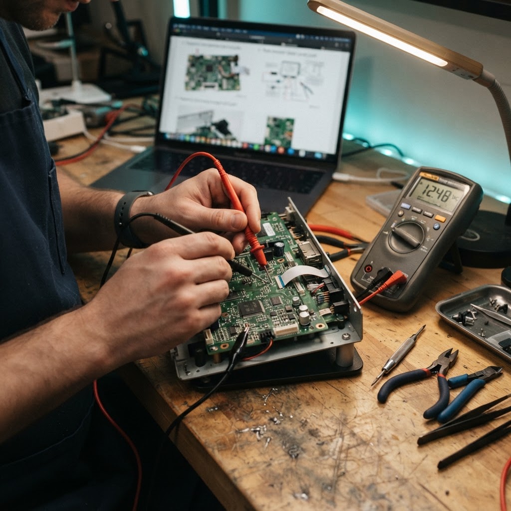 Manos midiendo una placa electrónica con multímetro digital junto a una guía de reparación paso a paso en el notebook