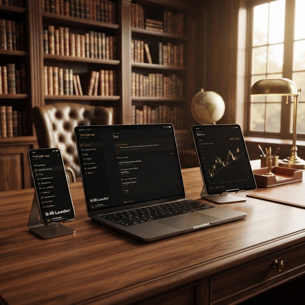 5:16 Leader App on a laptop, tablet, and phone in a high-end home office library