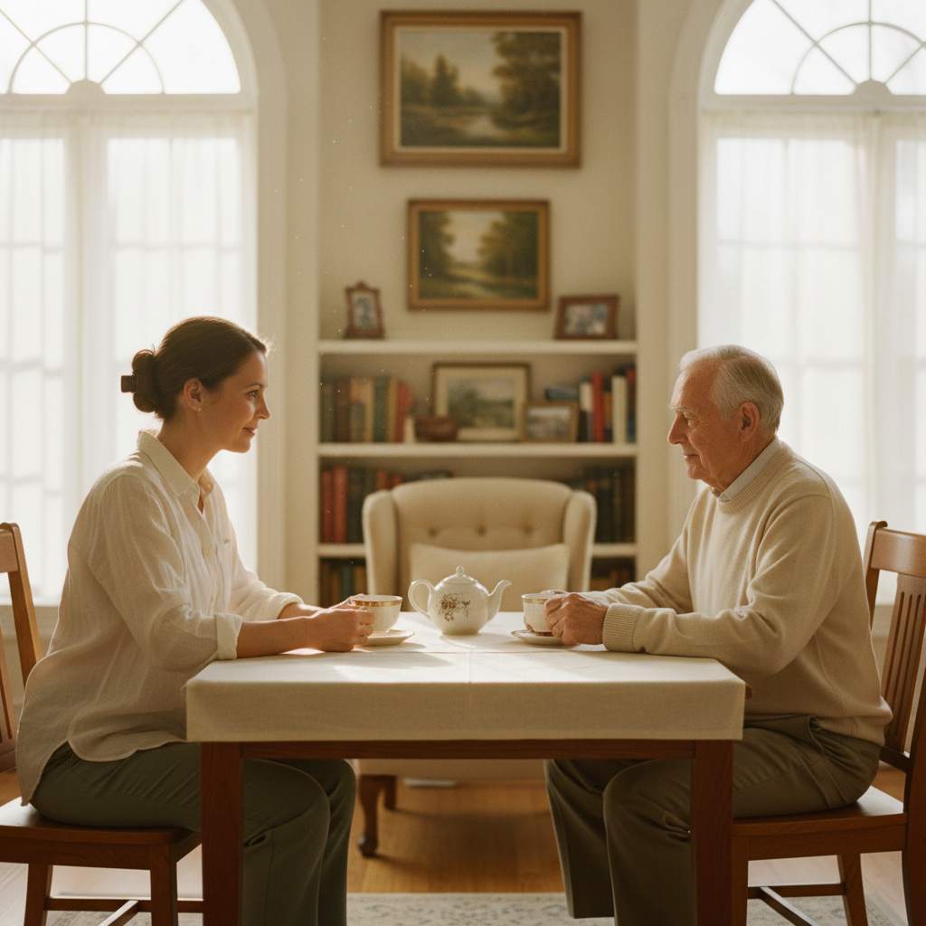 Caregiver and senior in a sunny living room