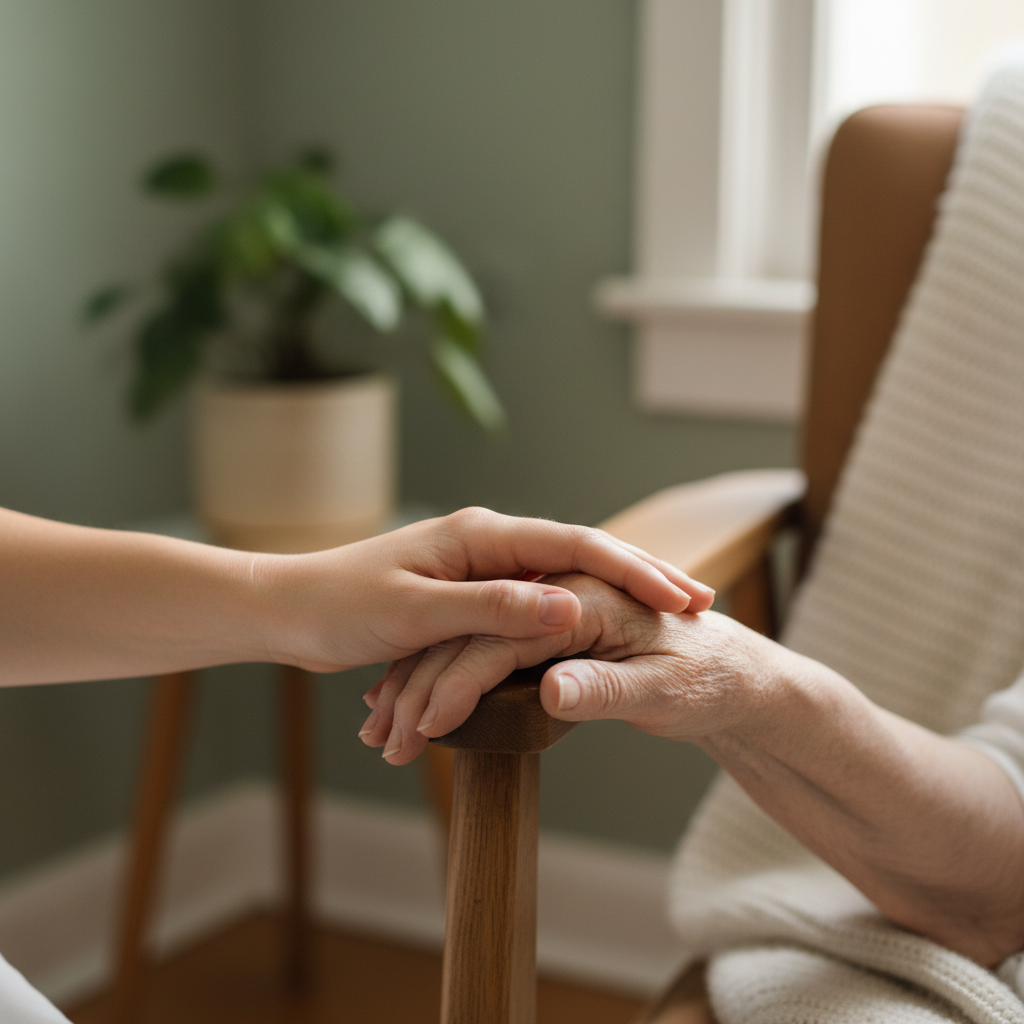 Caregiver holding senior's hand