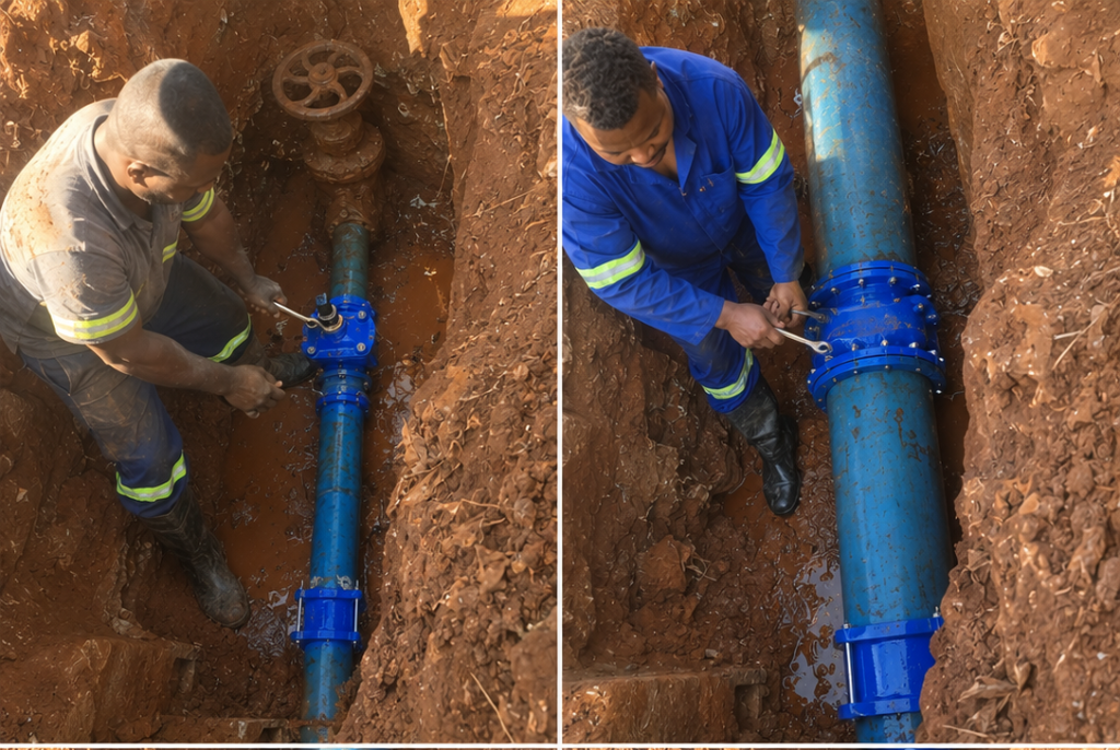 Team repairing blue pipe flange in muddy trench