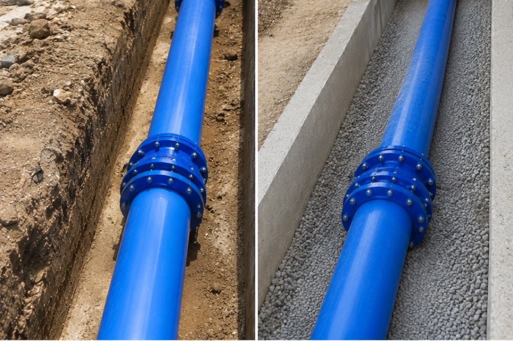 Blue HDPE pipe installation — before and after trench preparation