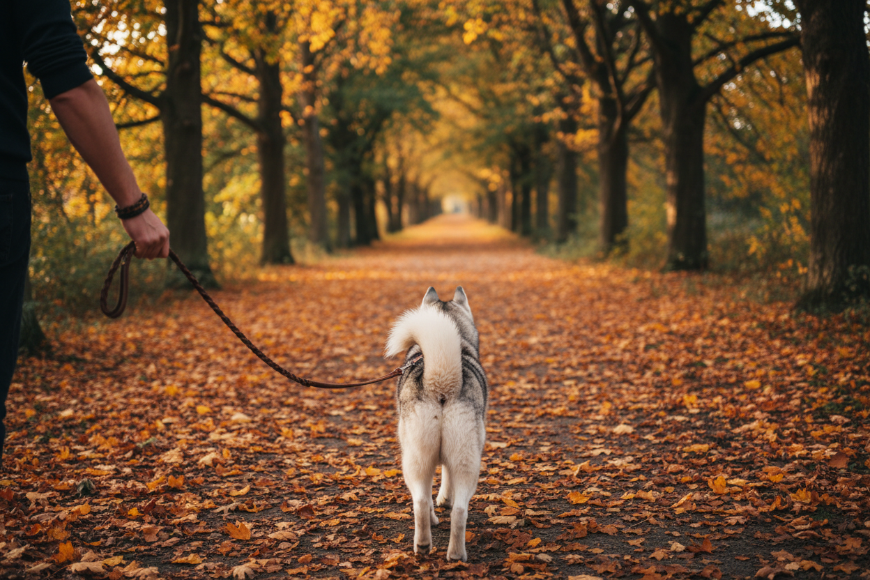Professional dog walking on a beautiful tree-lined path