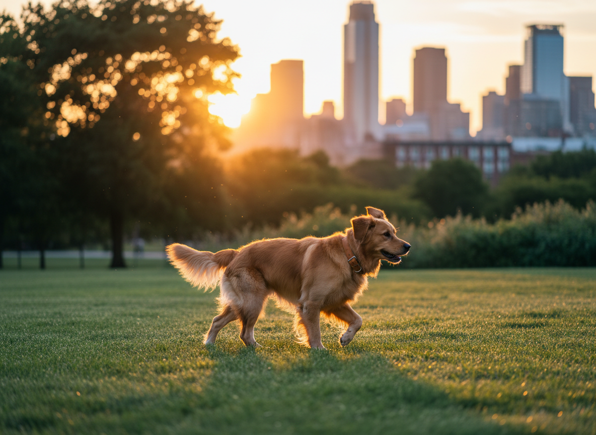 Majestic dog walking through golden hour park
