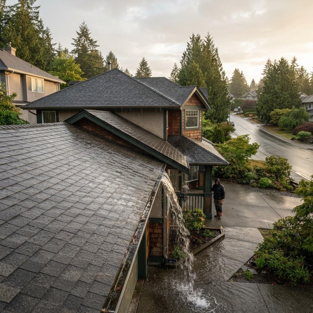 Coquitlam roof repair specialist inspecting asphalt shingles after heavy BC rainfall
