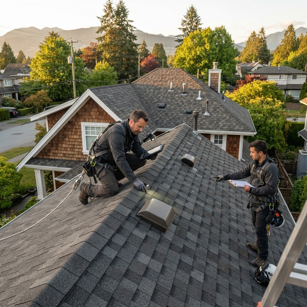 Professional inspection providing residential roofing services in Vancouver during a cloudy day.