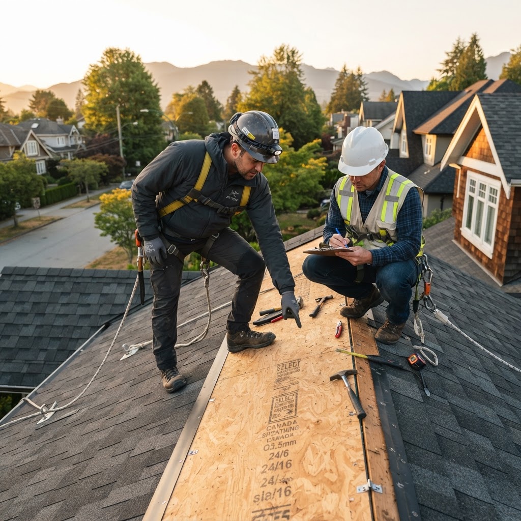 Coquitlam roof repair team inspecting plywood roof deck thickness for BC Building Code compliance