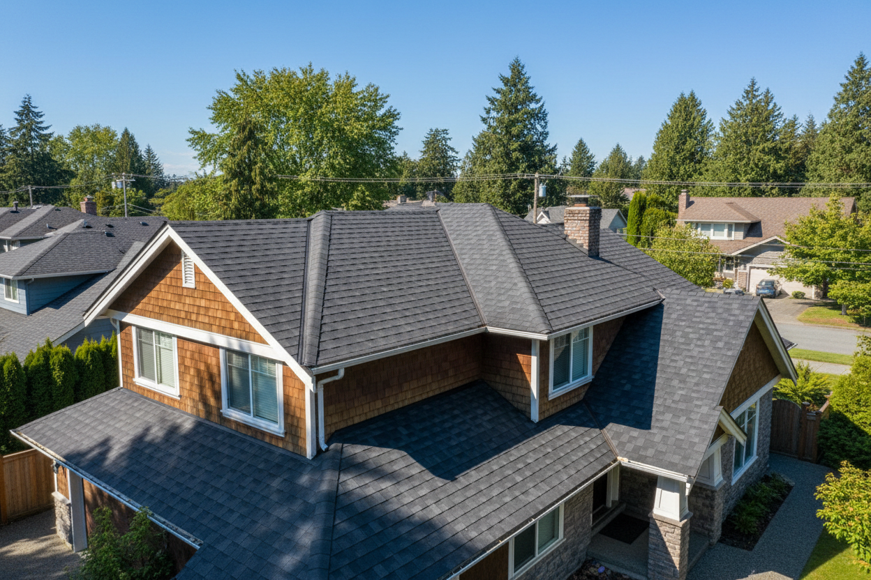 Brand new asphalt shingle roof after reroofing by Red Maple Roofing in Vancouver