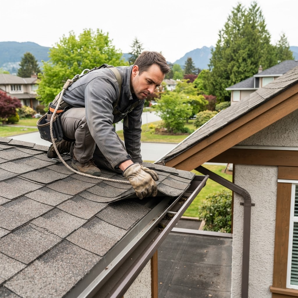 Gutter cleaning Vancouver technician inspecting roofline