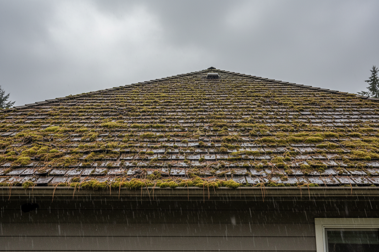 Worn roof before reroofing in Port Coquitlam