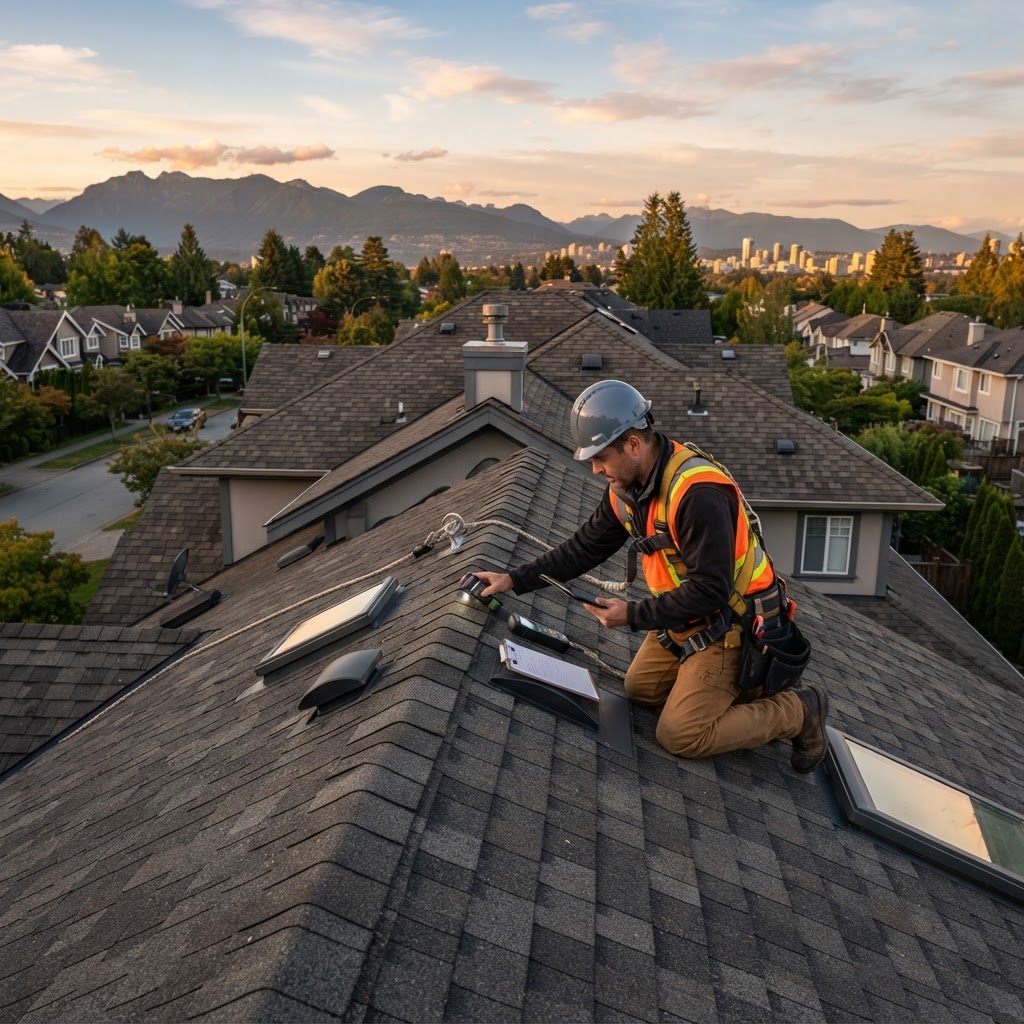 A professional technician performing residential roofing services on a steep-slope home in Vancouver, BC.